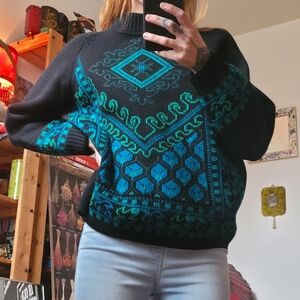 Vintage 1949 H.K.K. The May Co. Blue Dove Geometric virgin wool Ski Snow Sweater